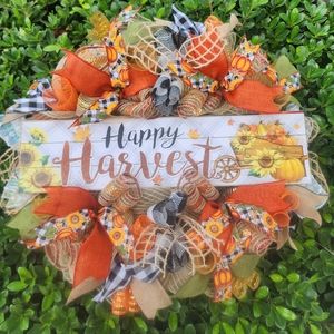 Happy Harvest Wreath, Handmade Door Wreath, Deco Mesh Wreath.